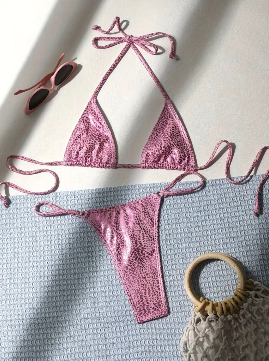 Pink Animal-Print Triangle Bikini Set