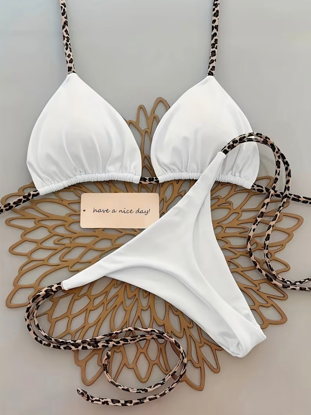 Women’s White Triangle Bikini with Leopard Trim