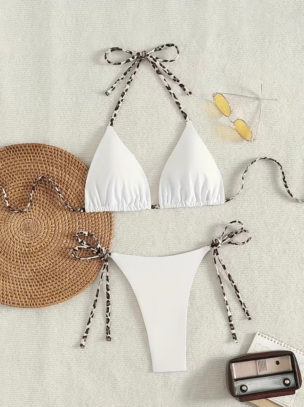 Women’s White Triangle Bikini with Leopard Trim