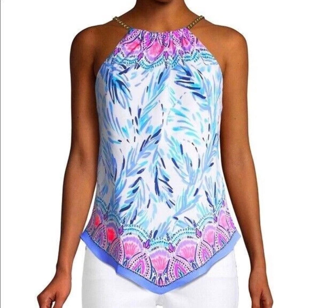 Lilly Pulitzer Cabana Top Resort White Flock Together Chain Halter Blue Pink