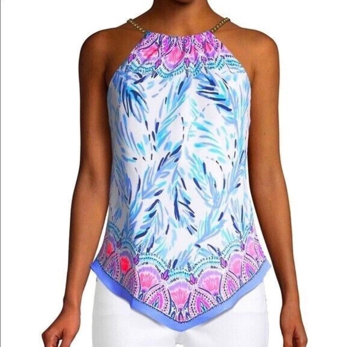 Lilly Pulitzer Cabana Top Resort White Flock Together Chain Halter Blue Pink
