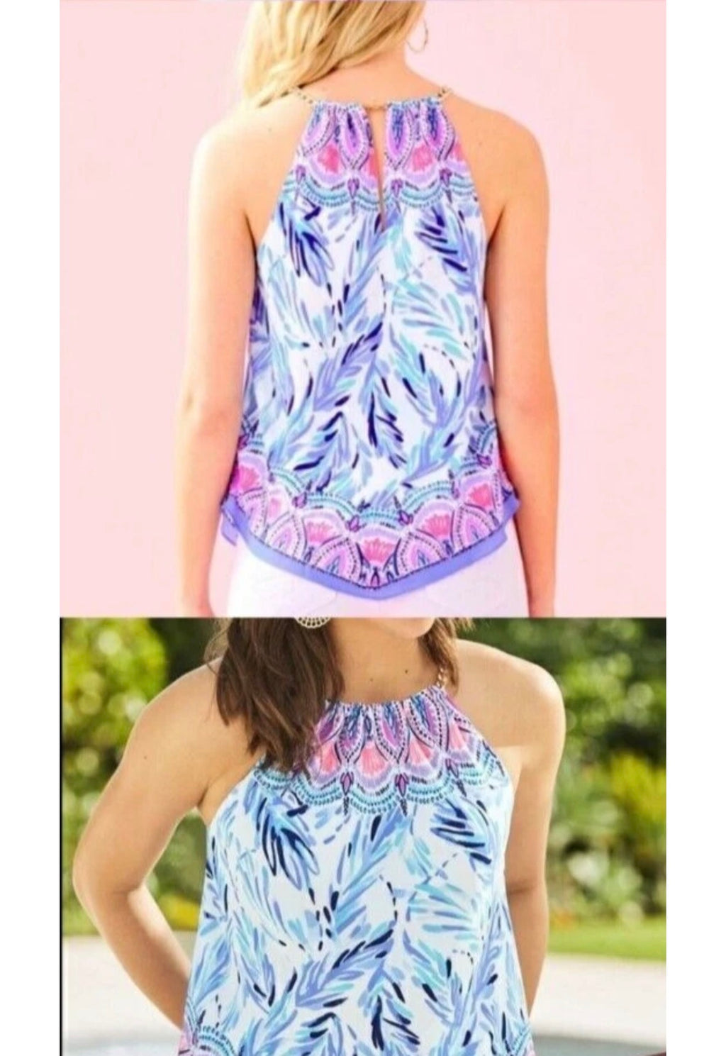 Lilly Pulitzer Cabana Top Resort White Flock Together Chain Halter Blue Pink