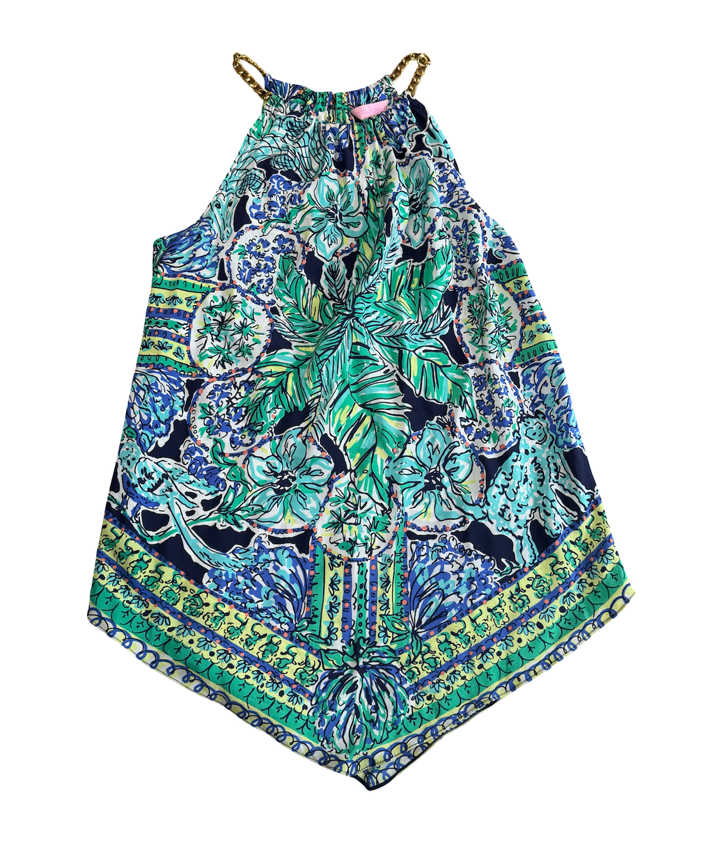 Lilly Pulitzer Cabana Top Resort White Flock Together Chain Halter Blue Green