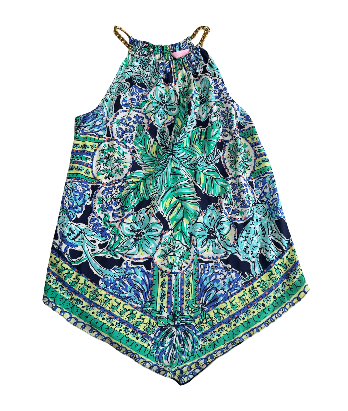 Lilly Pulitzer Cabana Top Resort White Flock Together Chain Halter Blue Green
