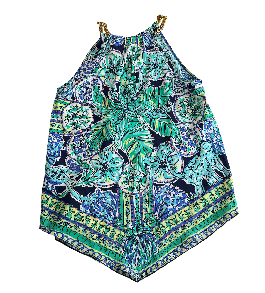 Lilly Pulitzer Cabana Top Resort White Flock Together Chain Halter Blue Green