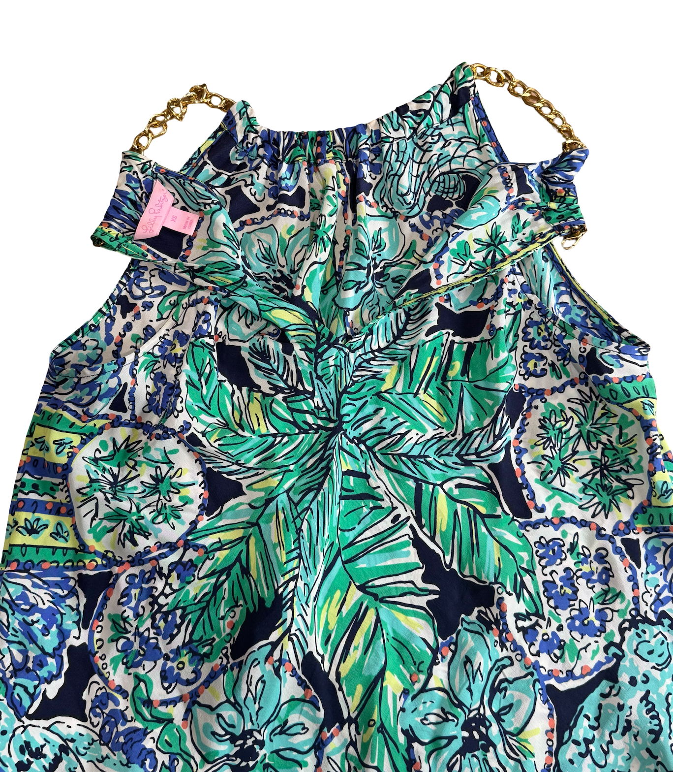 Lilly Pulitzer Cabana Top Resort White Flock Together Chain Halter Blue Green