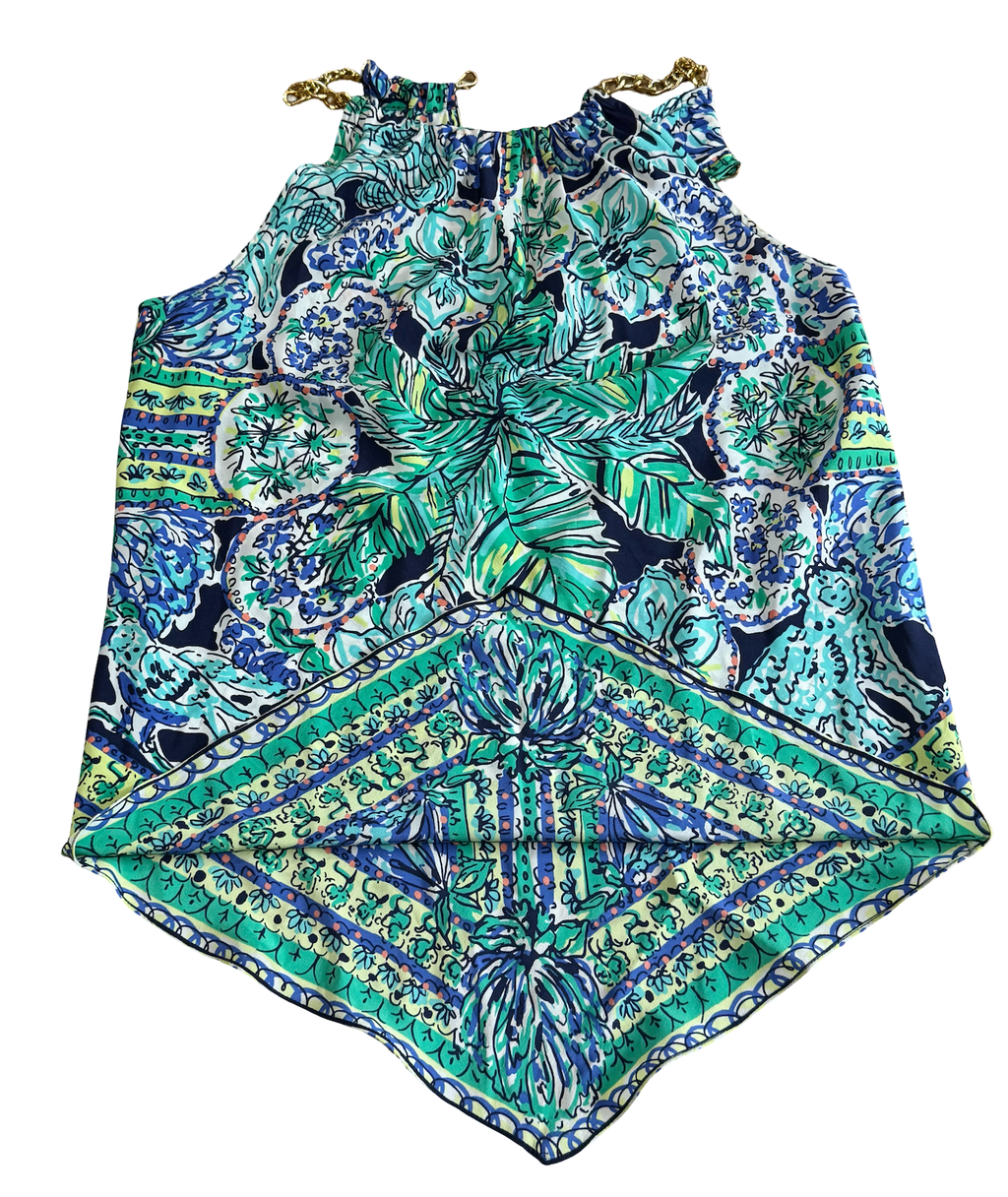 Lilly Pulitzer Cabana Top Resort White Flock Together Chain Halter Blue Green