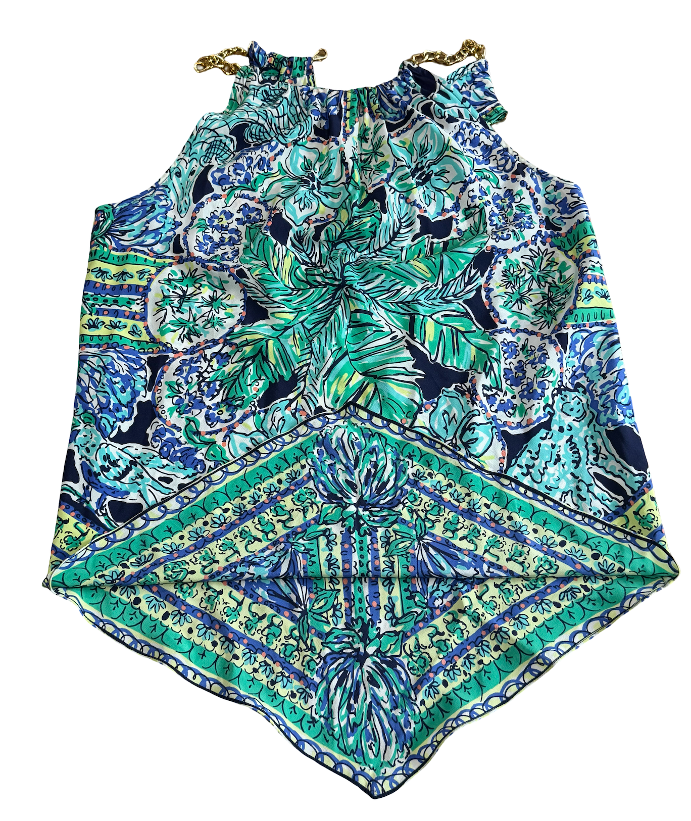 Lilly Pulitzer Cabana Top Resort White Flock Together Chain Halter Blue Green