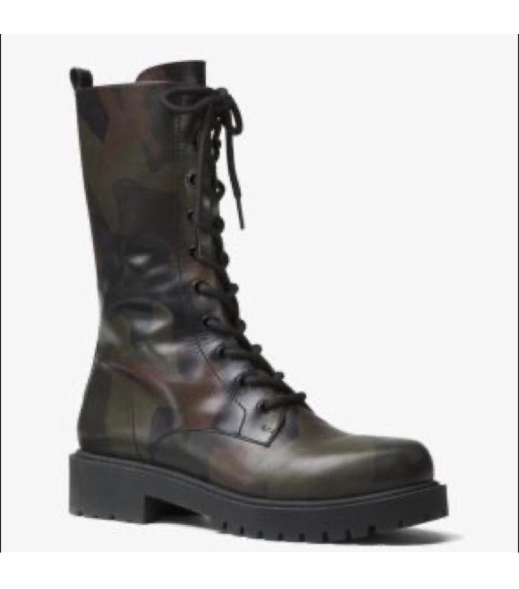 Michael Kors Brenna runway camo leather lace-up boots