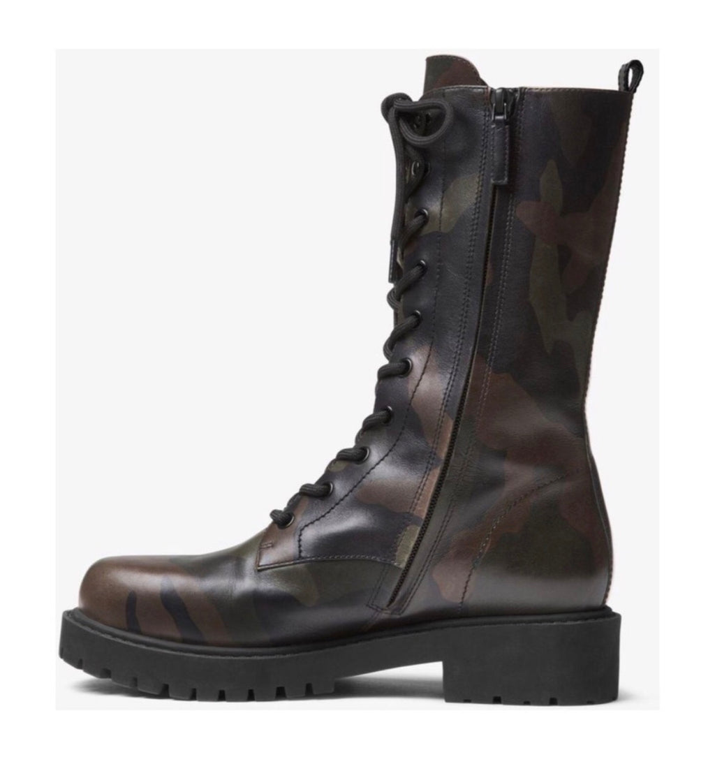 Michael Kors Brenna runway camo leather lace-up boots