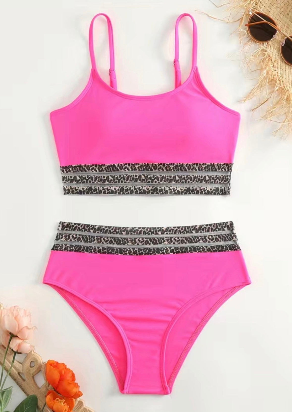 Contrast Leopard mesh print bikini