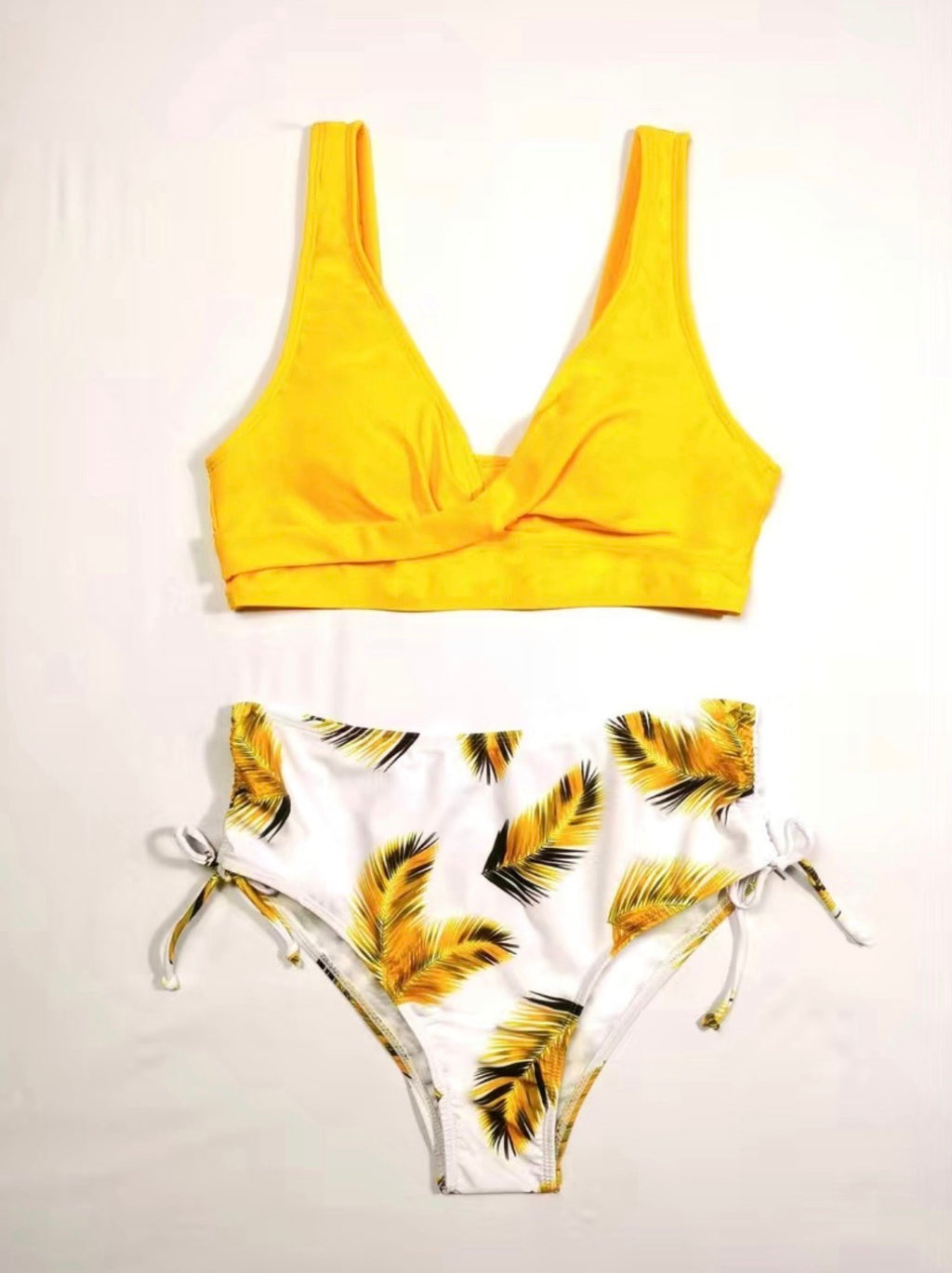 Contrast Leaf print yellow bikini set