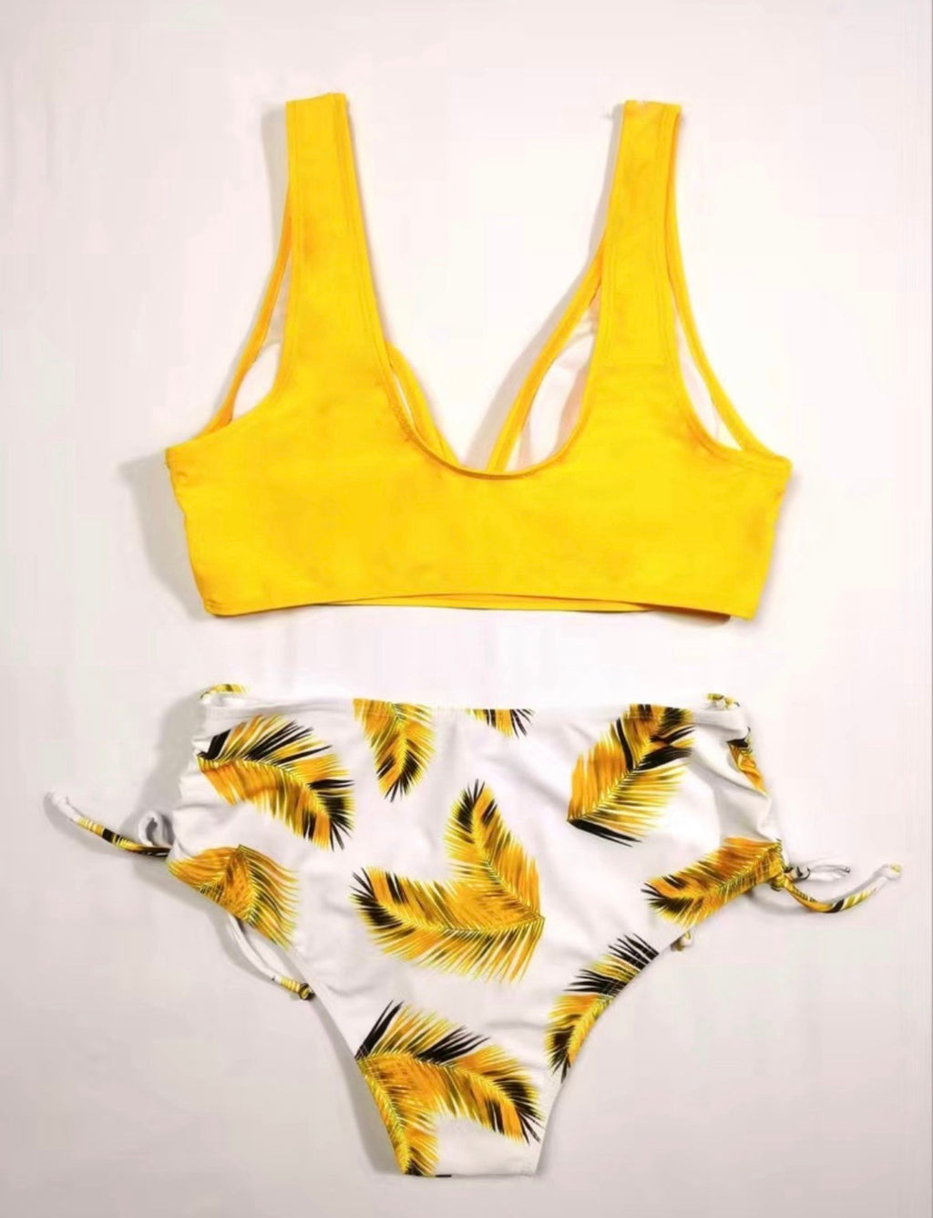 Contrast Leaf print yellow bikini set