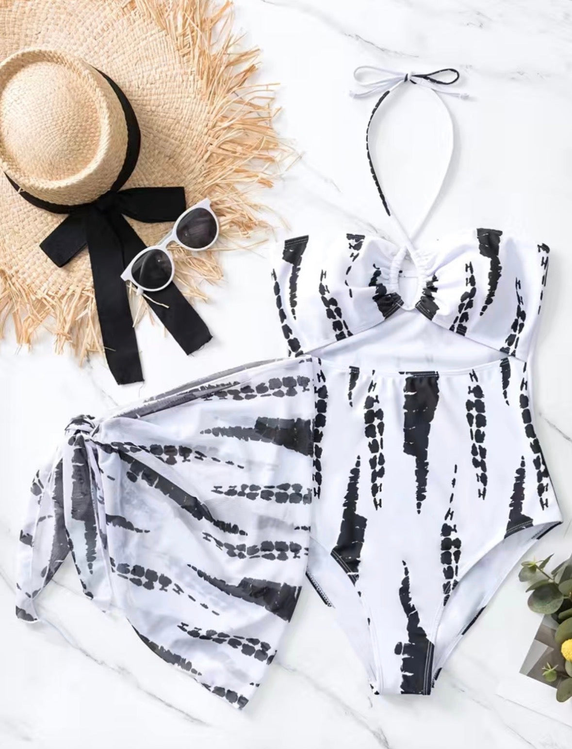 White & Black Tie-Dye Cutout One-Piece Swimsuit