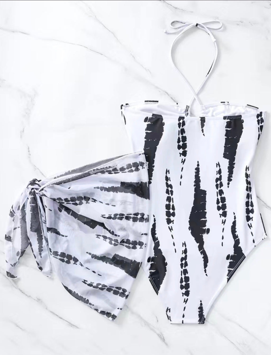 White & Black Tie-Dye Cutout One-Piece Swimsuit