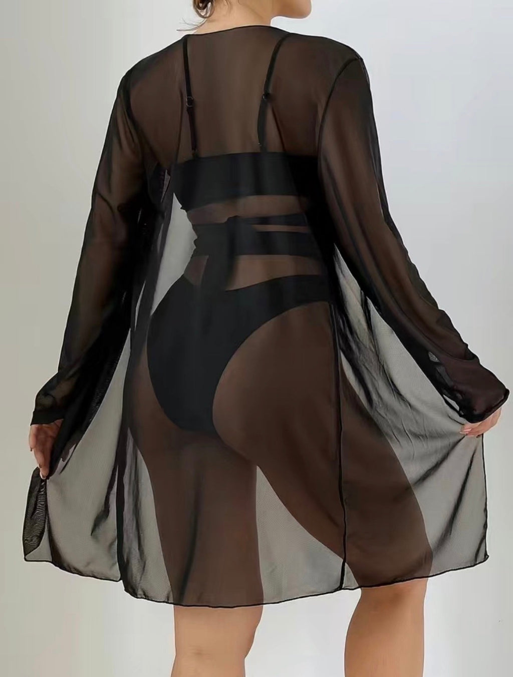 Strappy Black Cutout Bikini Set with Sheer Cover-Up