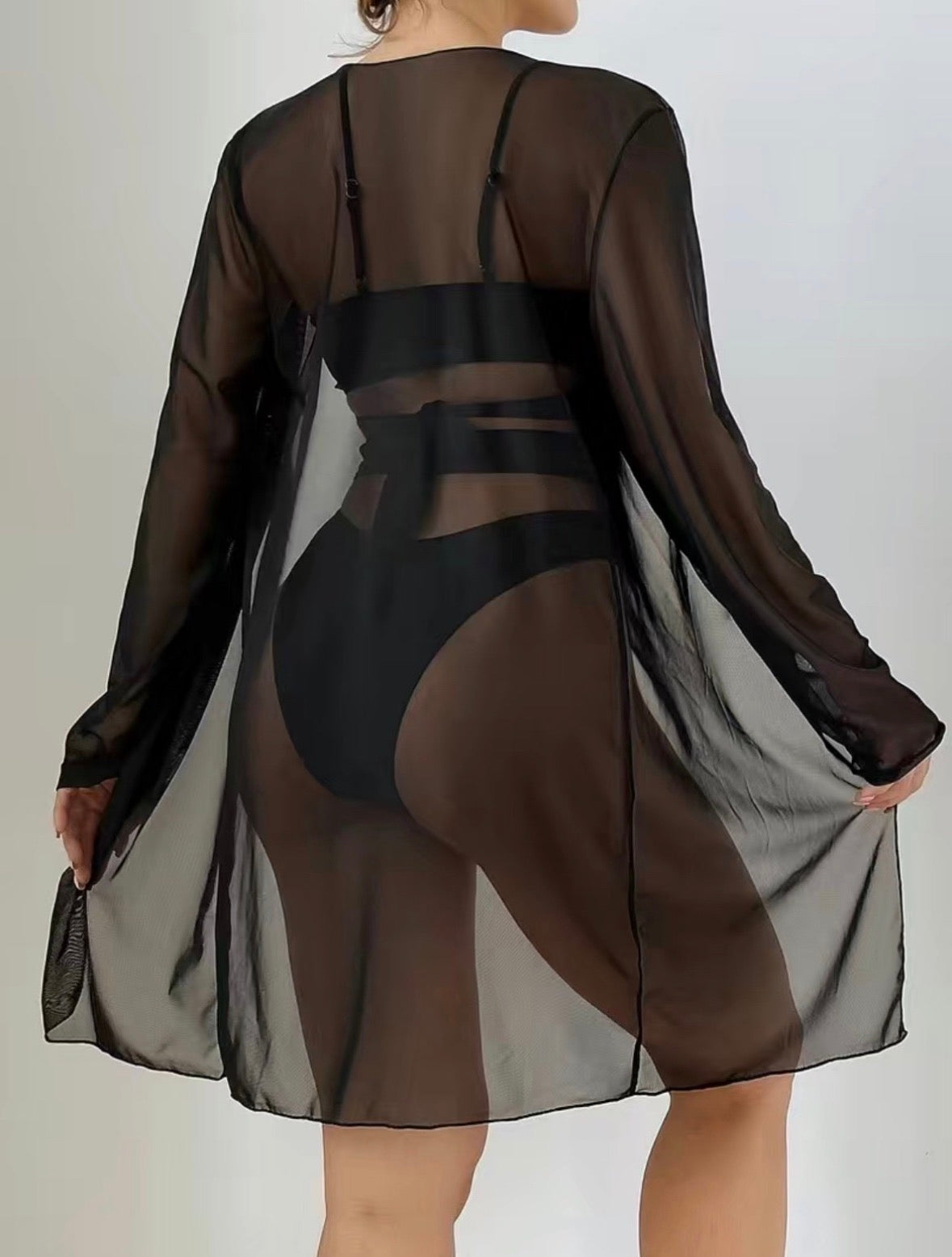 Strappy Black Cutout Bikini Set with Sheer Cover-Up