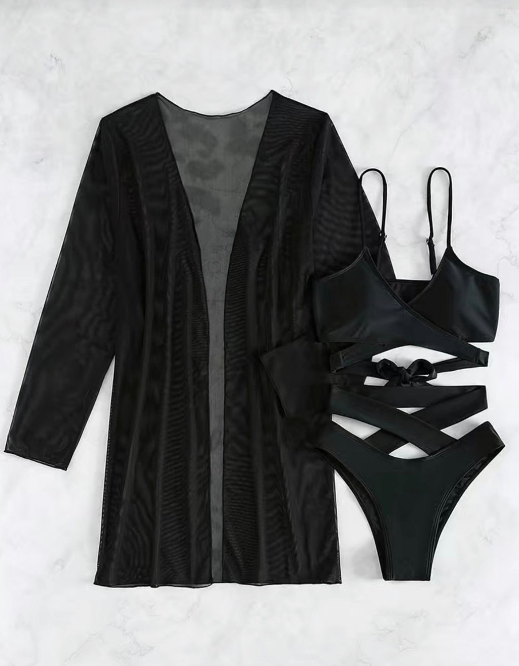 Strappy Black Cutout Bikini Set with Sheer Cover-Up