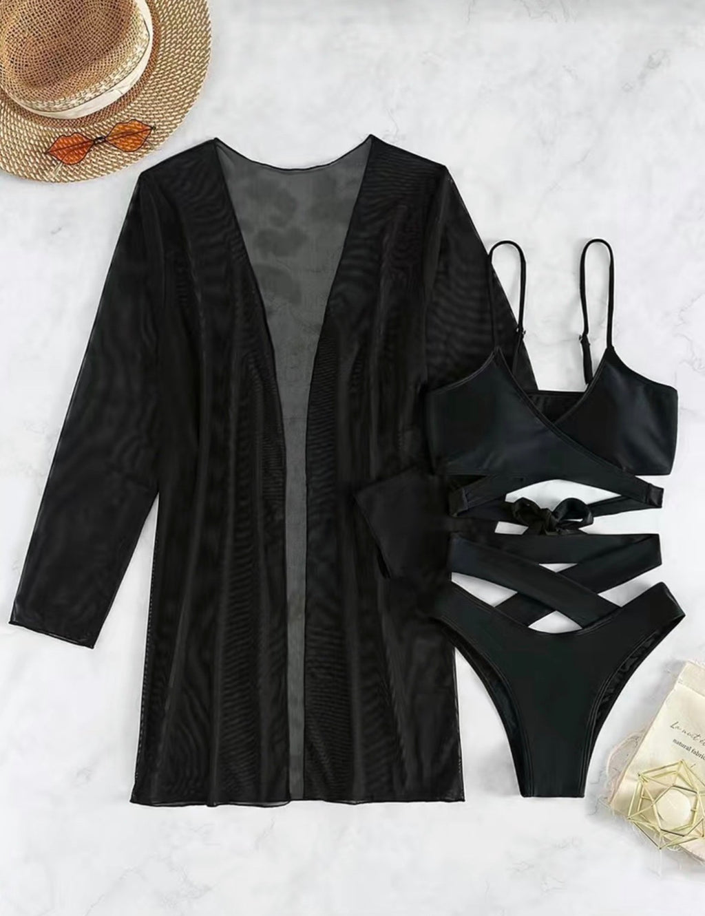 Strappy Black Cutout Bikini Set with Sheer Cover-Up