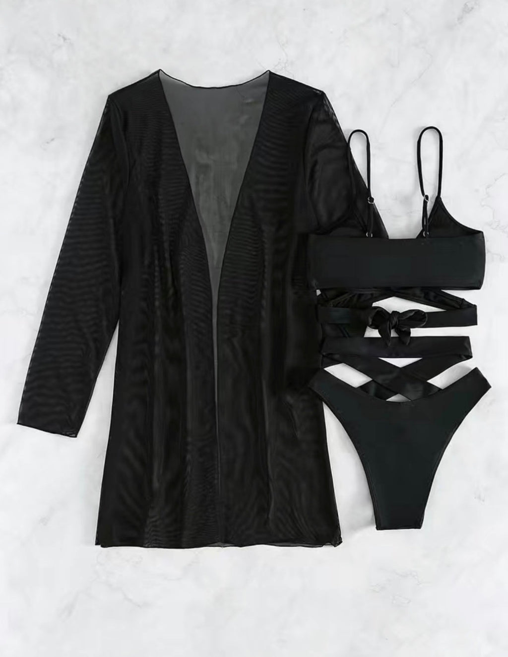Strappy Black Cutout Bikini Set with Sheer Cover-Up