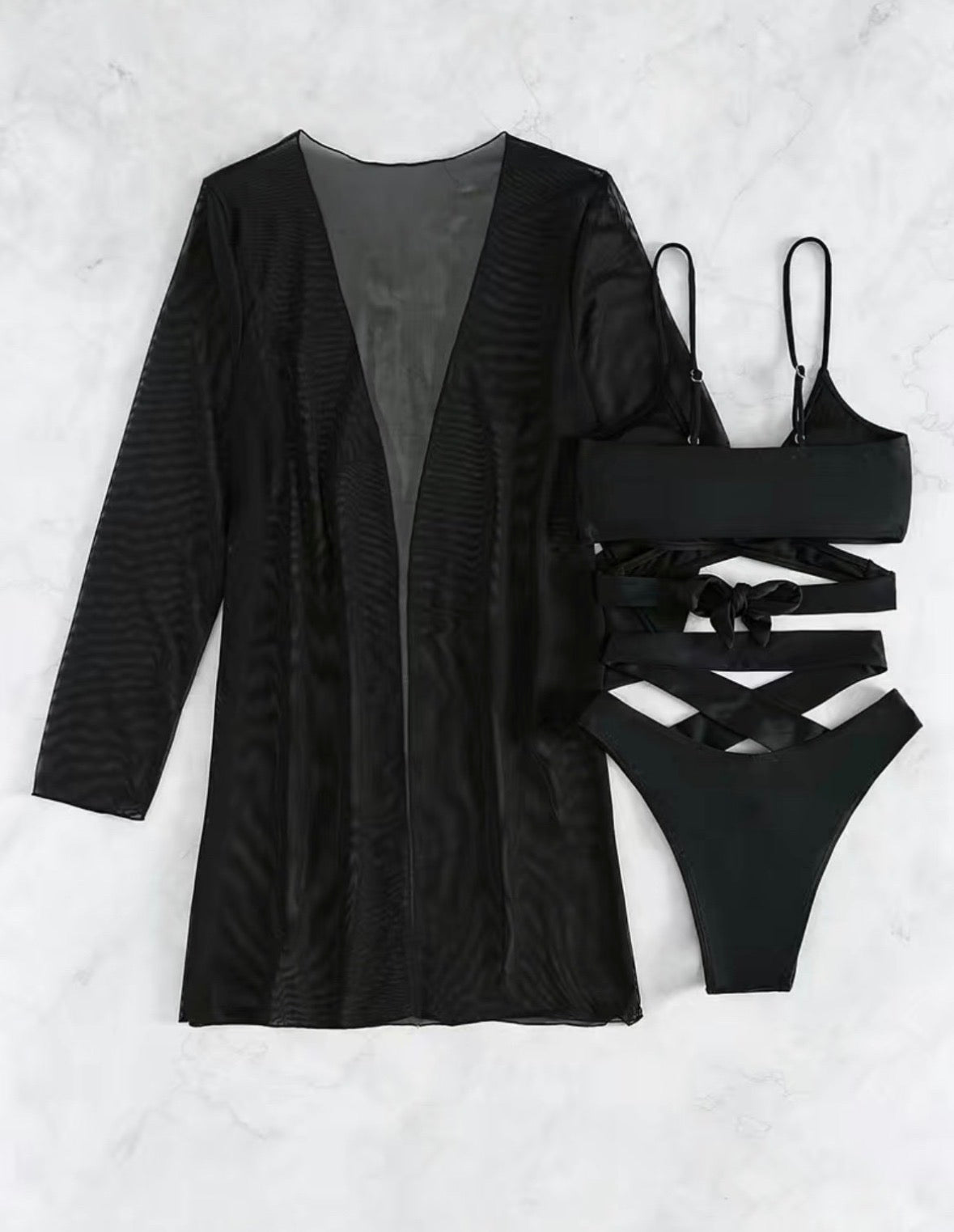 Strappy Black Cutout Bikini Set with Sheer Cover-Up