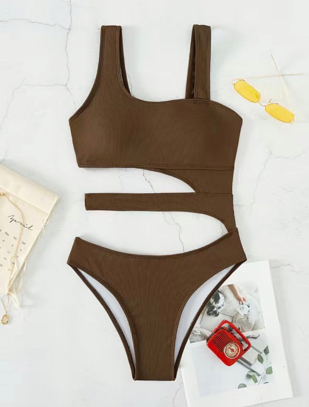 Brown Cutout Ribbed One-Piece Swimsuit