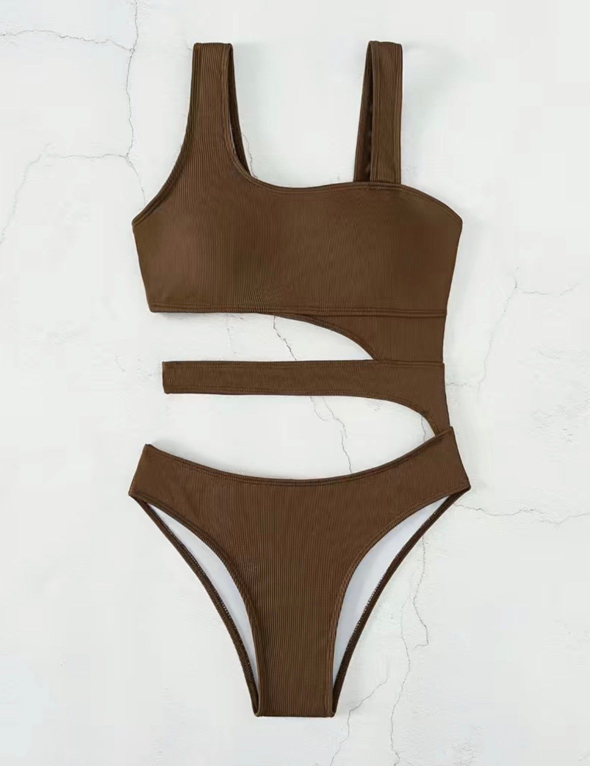 Brown Cutout Ribbed One-Piece Swimsuit