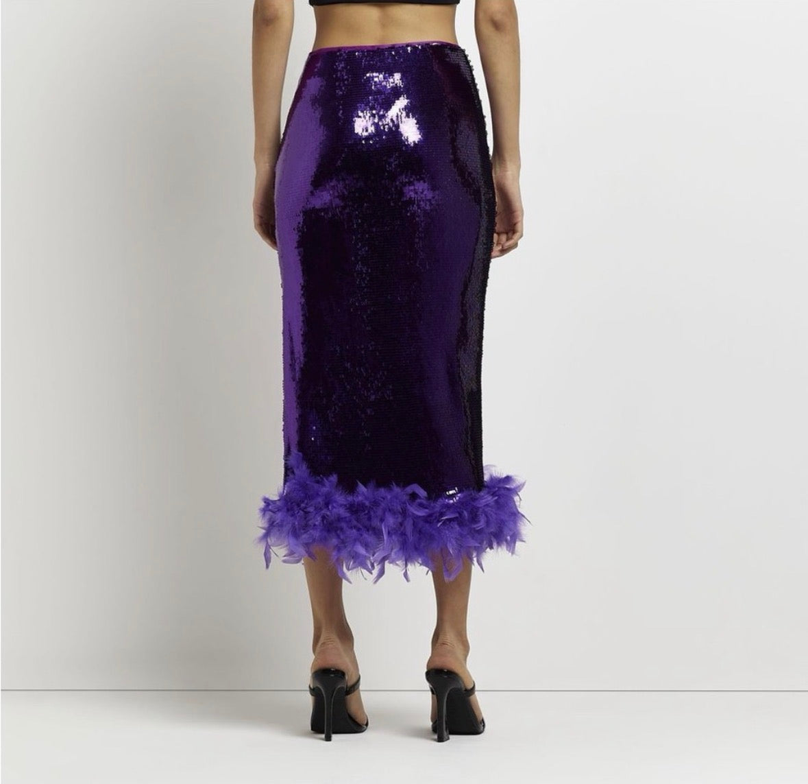 Purple Sequin Midi Skirt with Feather Hem