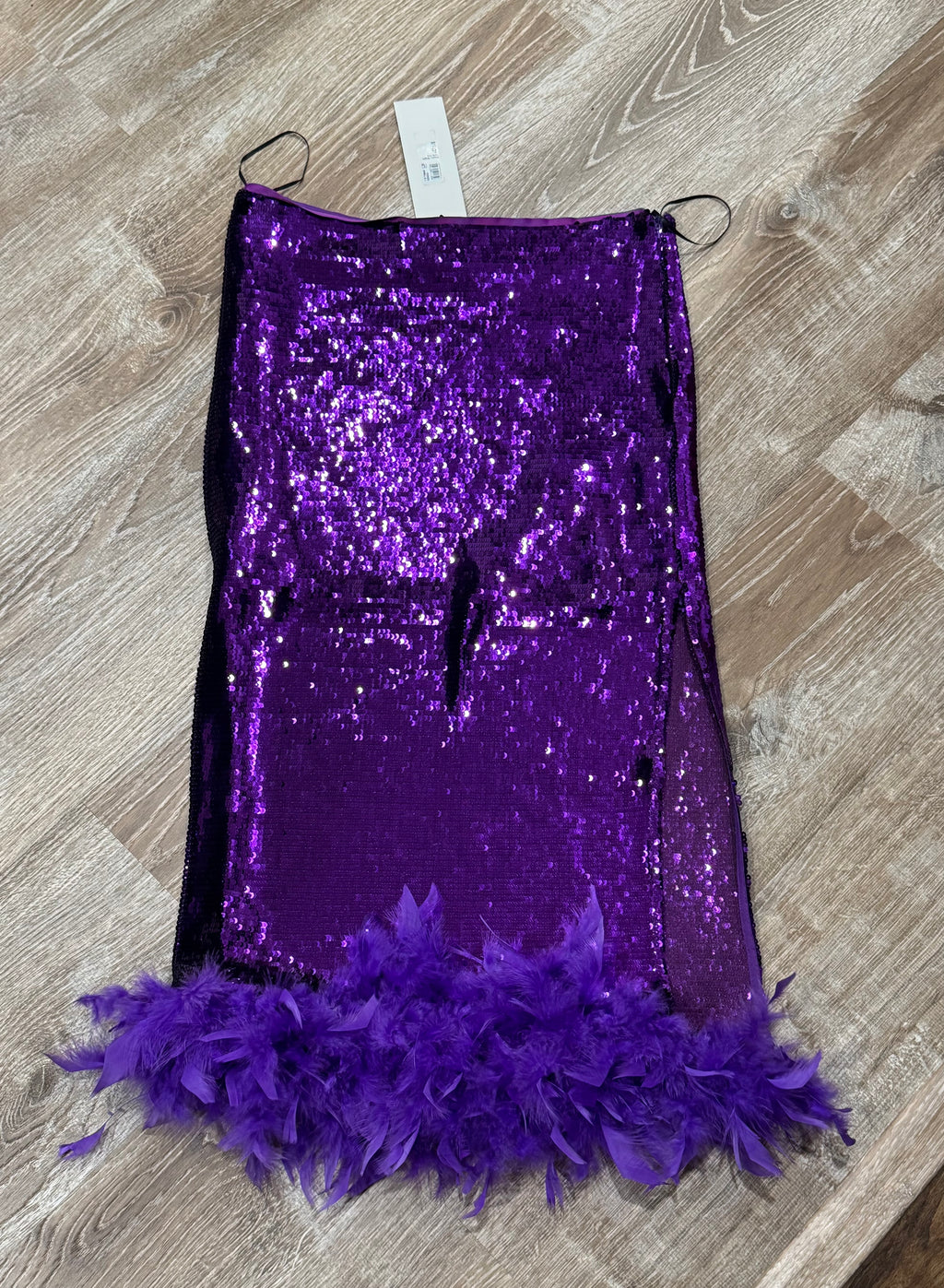Purple Sequin Midi Skirt with Feather Hem