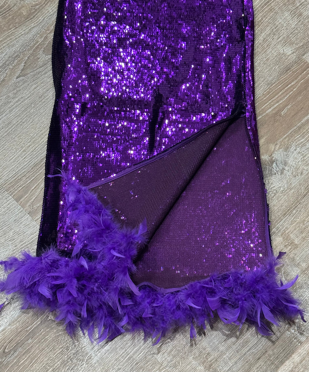 Purple Sequin Midi Skirt with Feather Hem