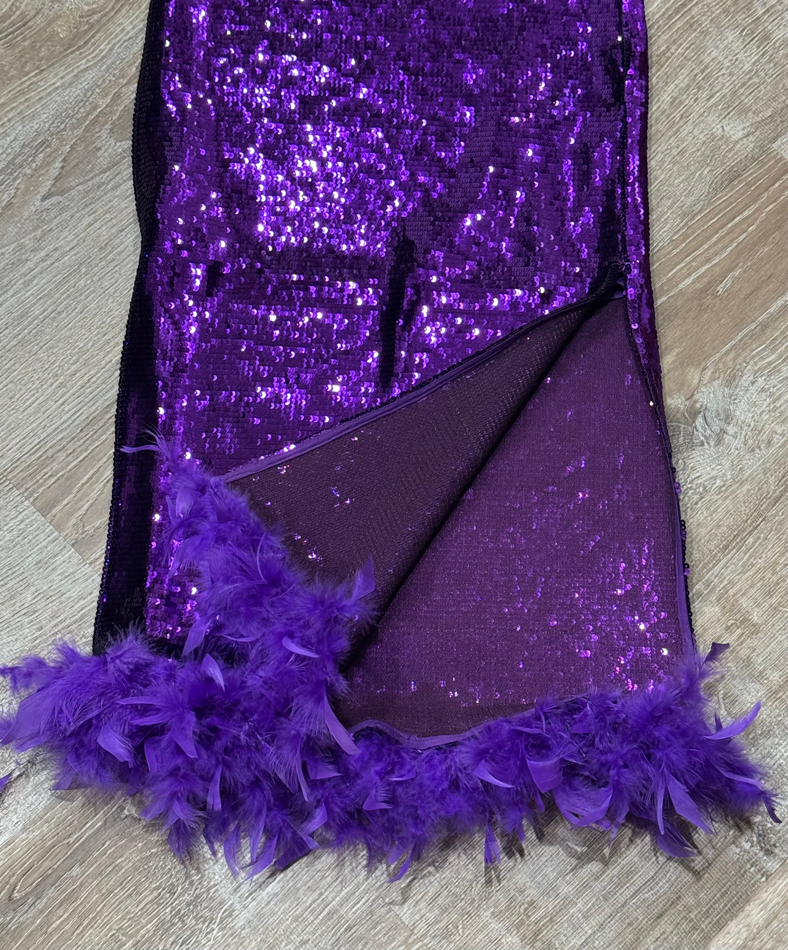 Purple Sequin Midi Skirt with Feather Hem