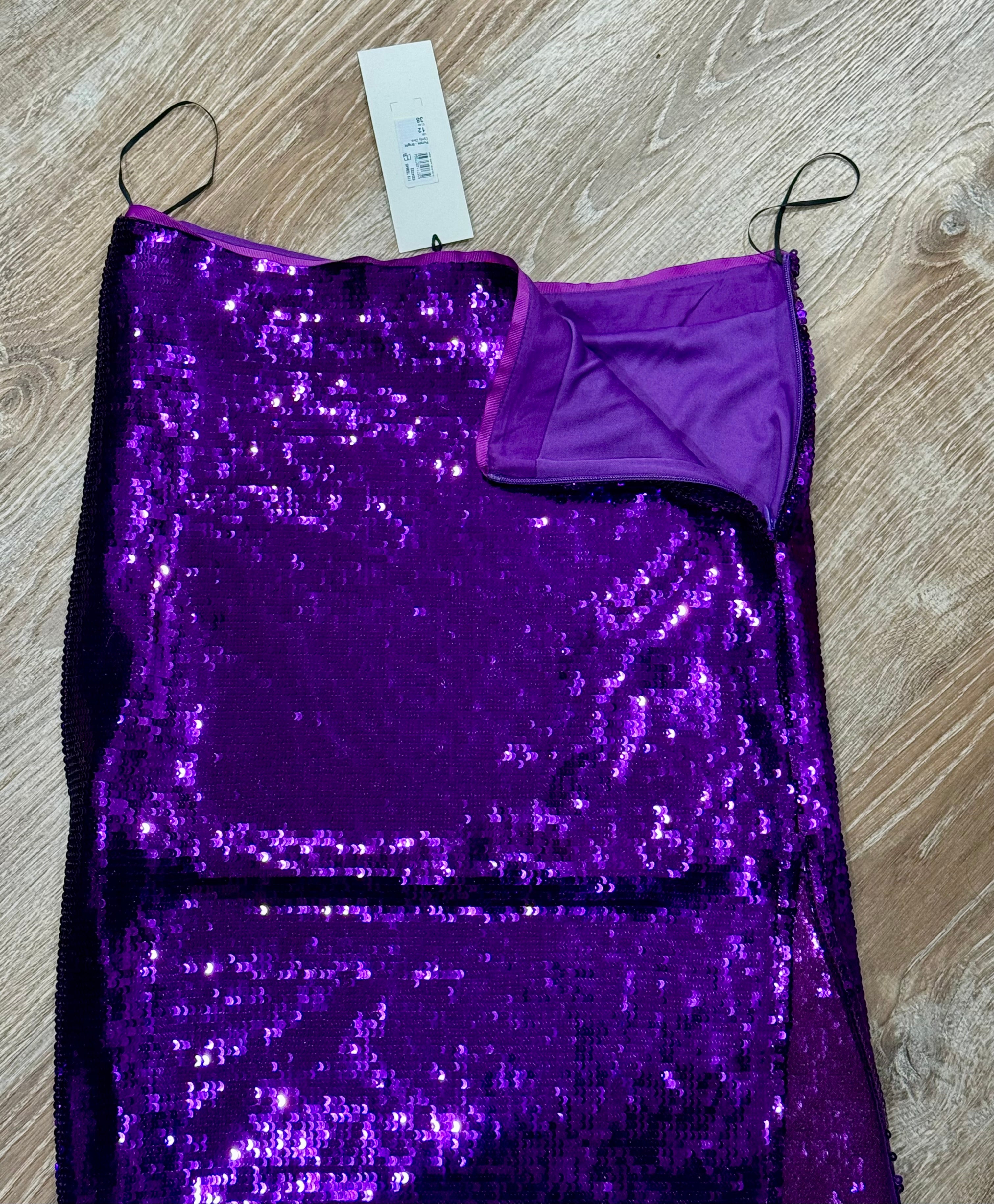 Purple Sequin Midi Skirt with Feather Hem