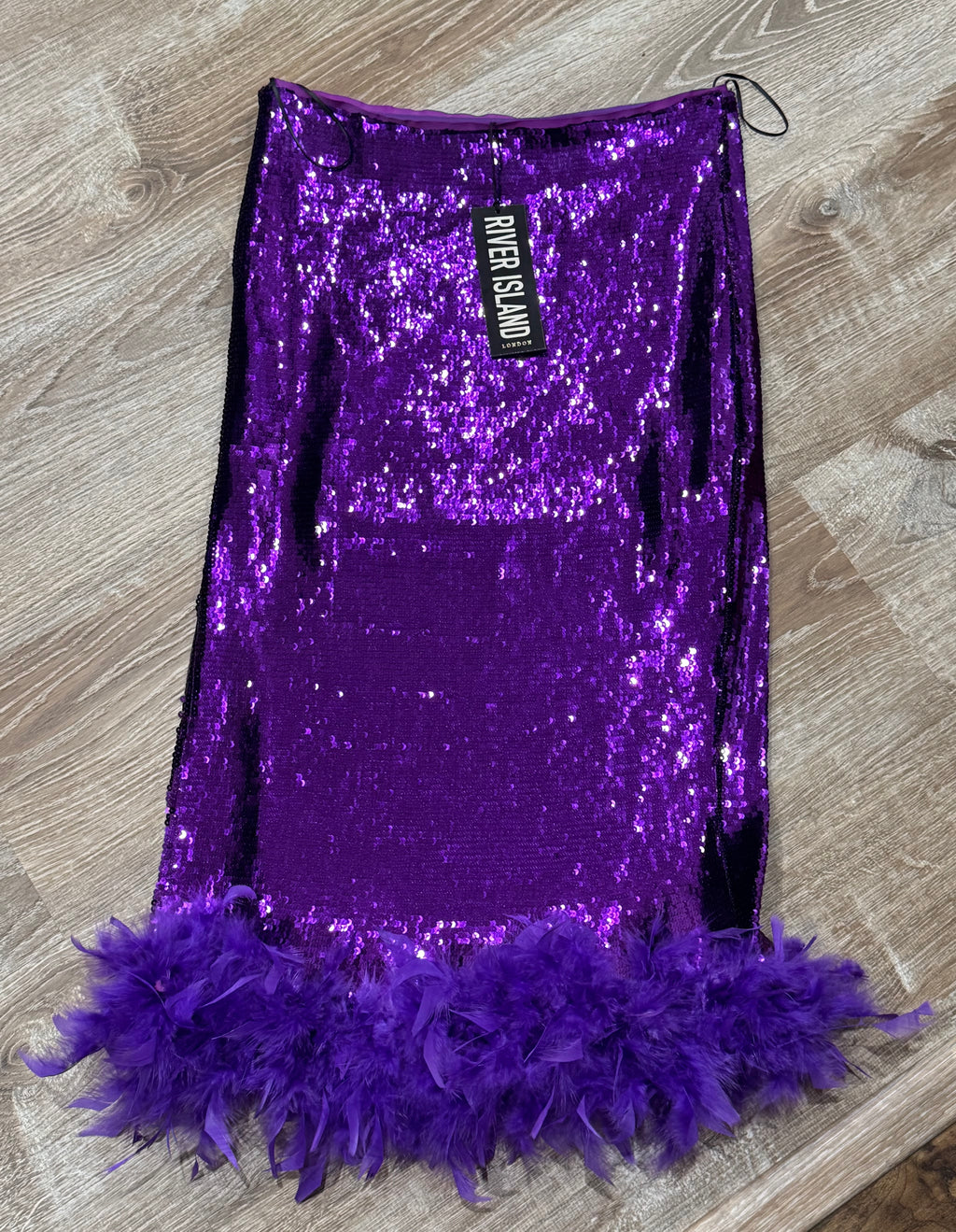 Purple Sequin Midi Skirt with Feather Hem