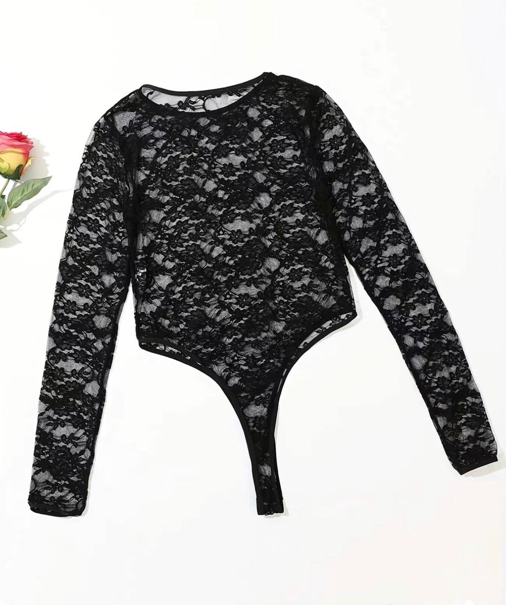 Sheer Lace Long-Sleeve Bodysuit