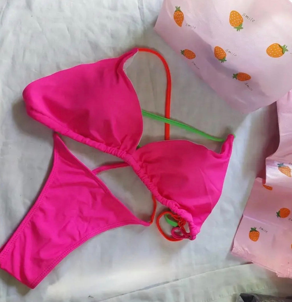 Neon Pink Triangle Bikini with Contrast Straps