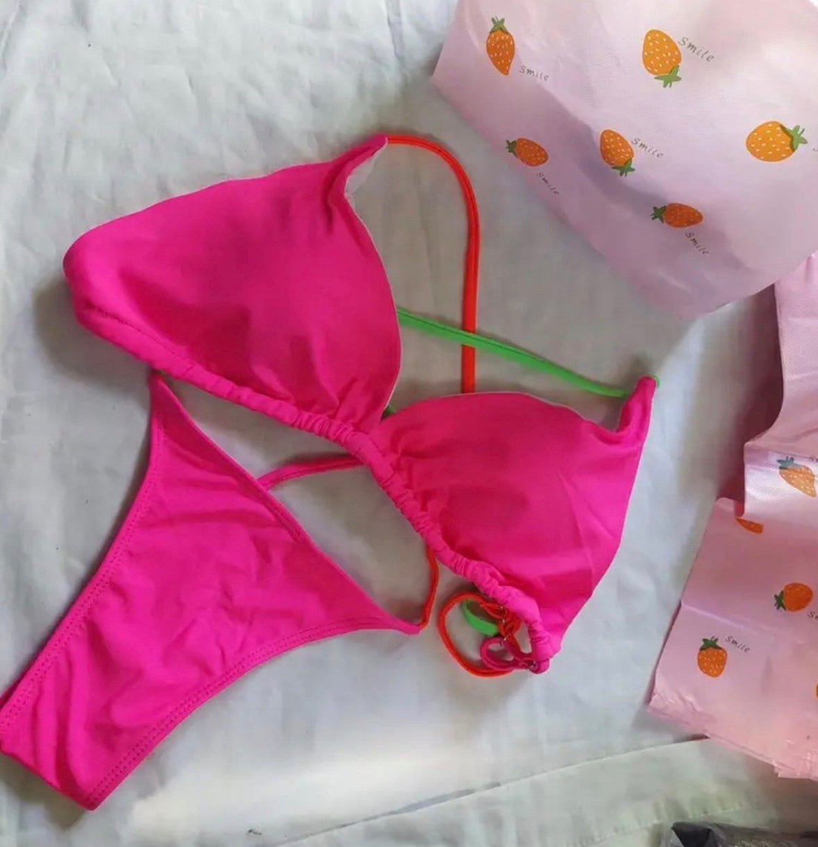 Neon Pink Triangle Bikini with Contrast Straps