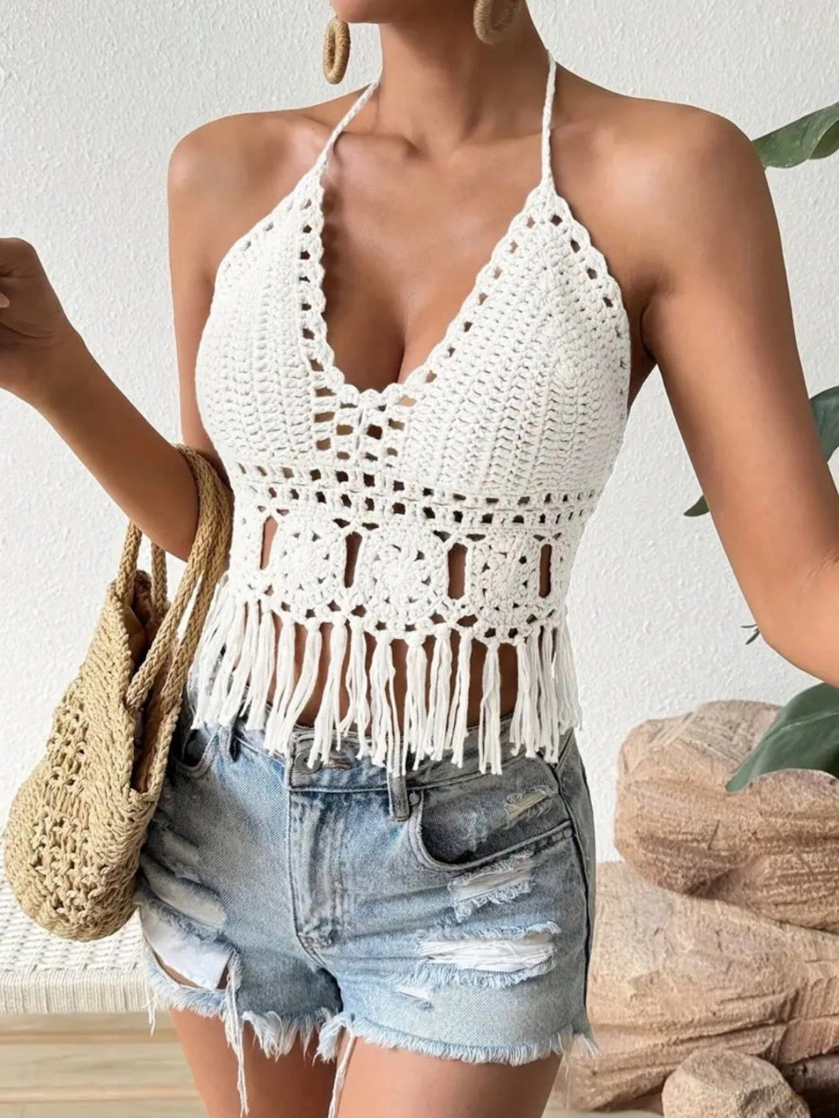 Beige Crochet Halter Fringe Crop Top