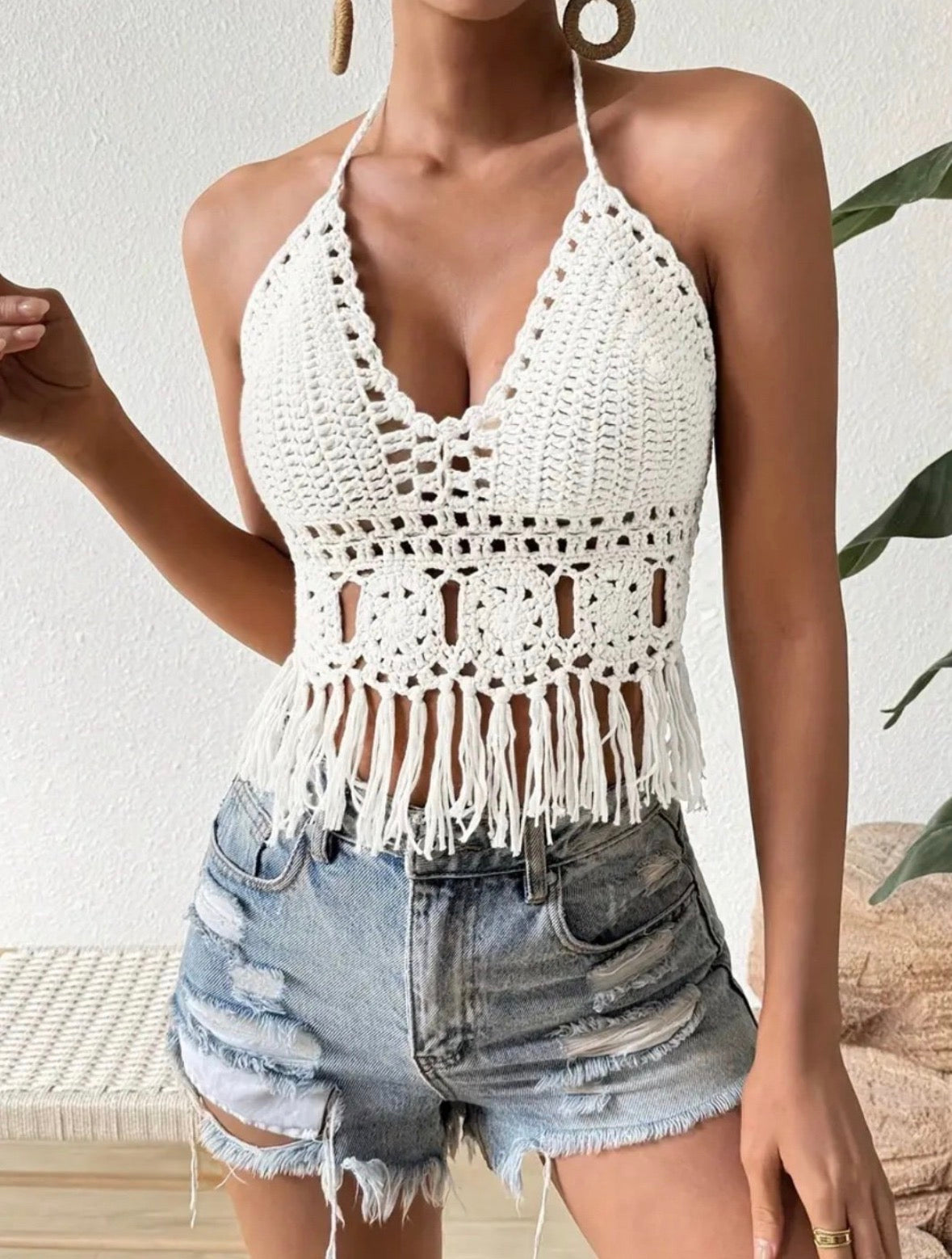Beige Crochet Halter Fringe Crop Top