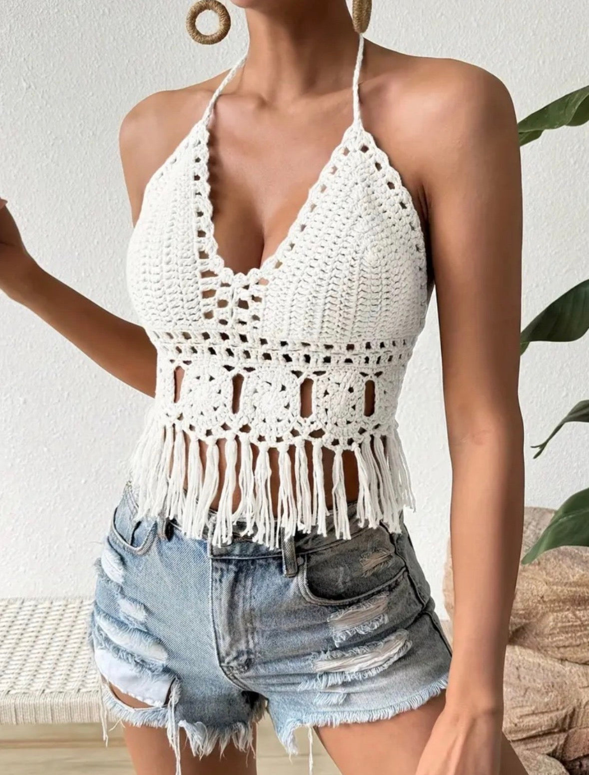 Beige Crochet Halter Fringe Crop Top