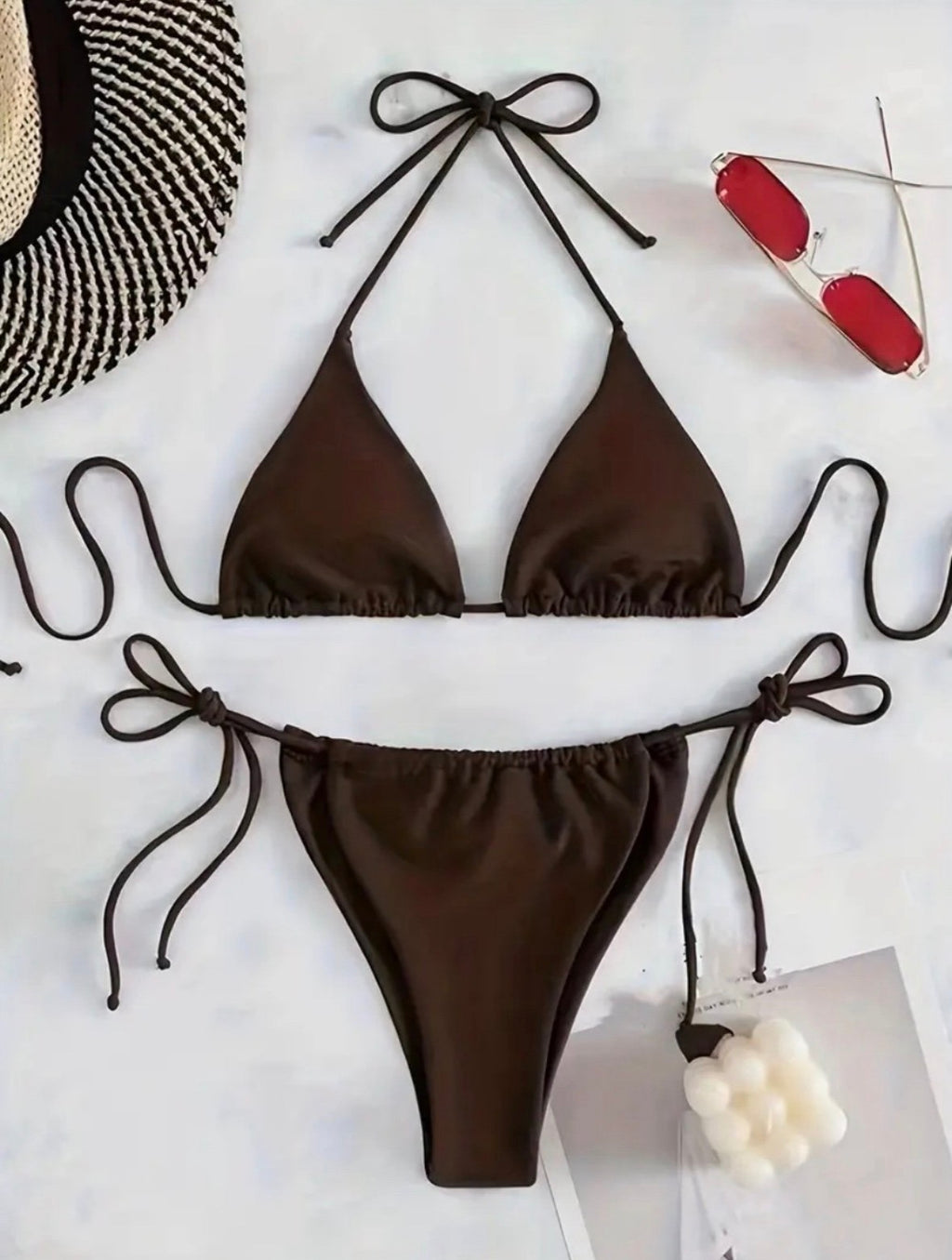 V Neck Halter Tie Side Bikini Swimsuit